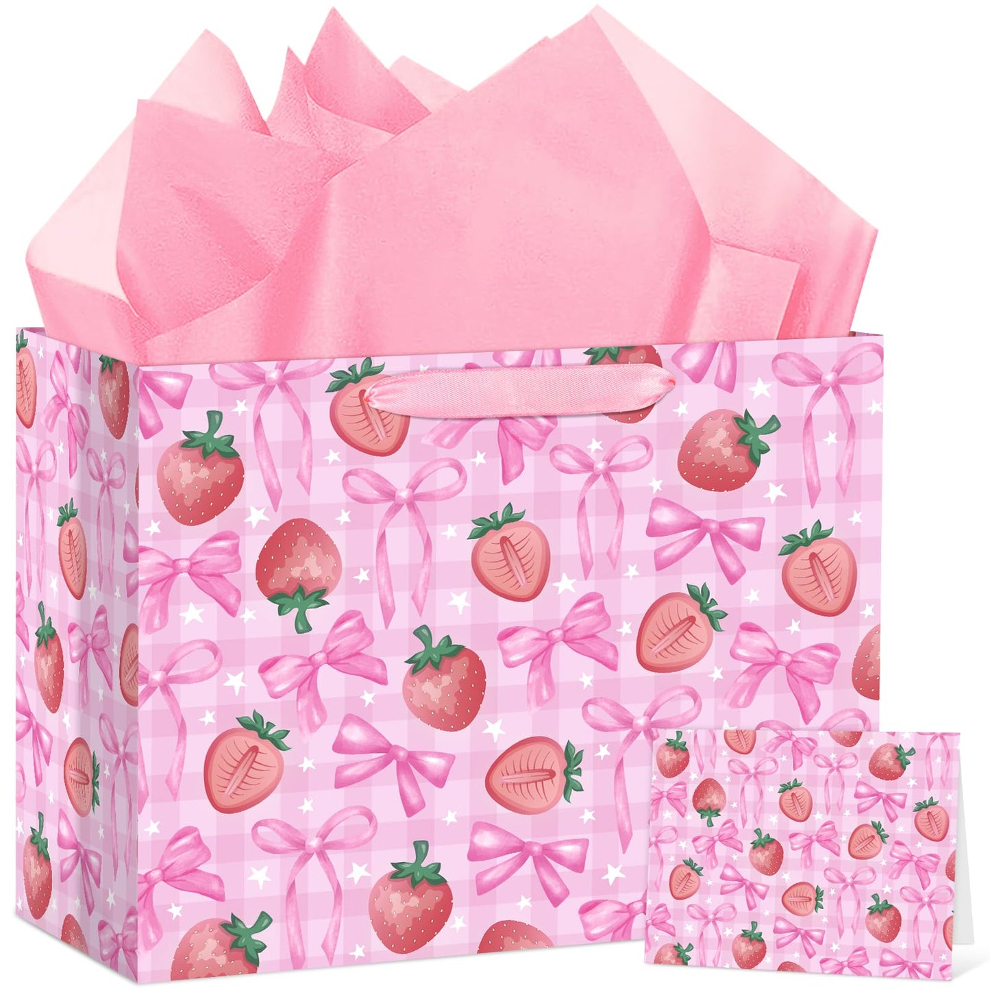 Hooqict Large Strawberry Bow Gift Bag Pink Birthday Gift Wrapping Bag with Handles, Tissue Paper, Greeting Card for Girls Kids Women Sweet Strawberry Birthday Decorations Baby Shower Valentines Mothers Day