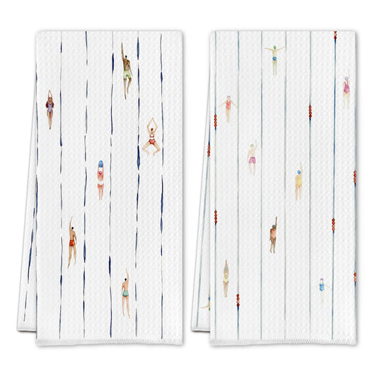Funny Modern Minimalist Swimming Kitchen Towels, Swim Coach Team Gifts Dish Tea Towels, Sports Swimmers Decorative Hand Towel for Kitchen Bathroom, 16x24 Inch Set of 2