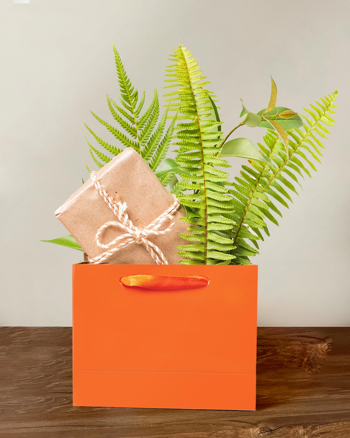 qiqee 5PCS Bright Orange Gift Bags with Ribbon Handles 9.6"x7.9"x4.3" Medium Size Gift Bags (Tissue Paper included, Medium Wide)