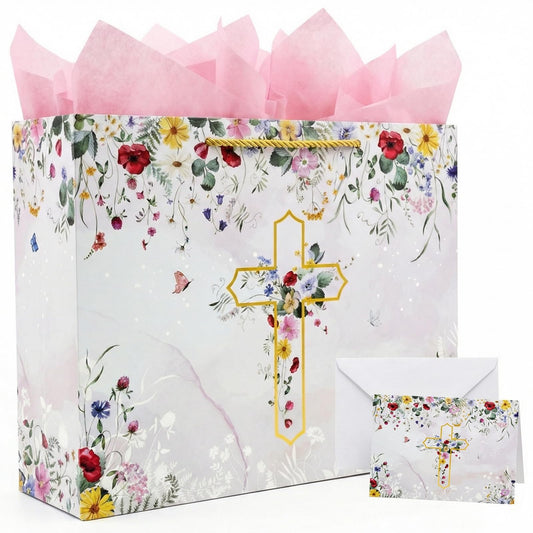 GFInYHM 13" Wildfloral Gold Cross Gift Bag Set with Greeting Card and Tissue Papers for First Communions, Baby Boy Girl Baptisms, Christenings, Wedding, Religious Occasions