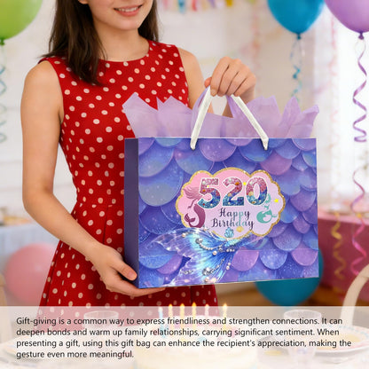 Fieoriia Birthday Gift Bags | Mermaid-themed gift bags with handles; includes cards, tissue paper, face decorations, and stickers. Suitable party supplies for women and girls aged 1-100. 1 pack