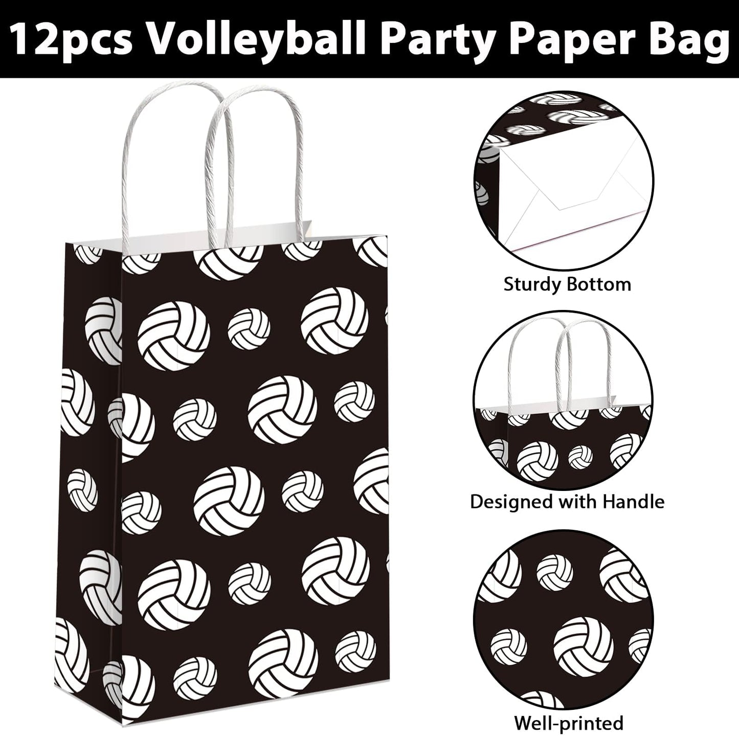 chiazllta 12 Pcs Volleyball Gift Bags for Team Black White Party Favor Paper Snack Goody Treat Bag with Handle Kids Boys Volleyball Kraft Candy Bags for Sport Theme Birthday Party Decorations Supplies