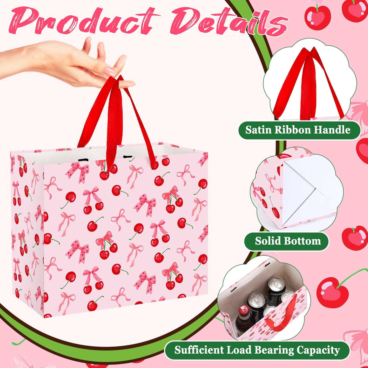 Cherry Birthday Party Gift Bag, Coquette Cherry Bow Wrapping Bag with Tissue Paper and Card Bow Fruit Themed Wrapping Paper for Girls Kids Teens Baby Shower Women Birthday Party Favors