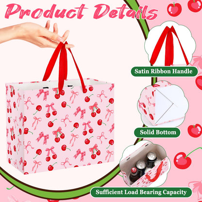 Cherry Birthday Party Gift Bag, Coquette Cherry Bow Wrapping Bag with Tissue Paper and Card Bow Fruit Themed Wrapping Paper for Girls Kids Teens Baby Shower Women Birthday Party Favors