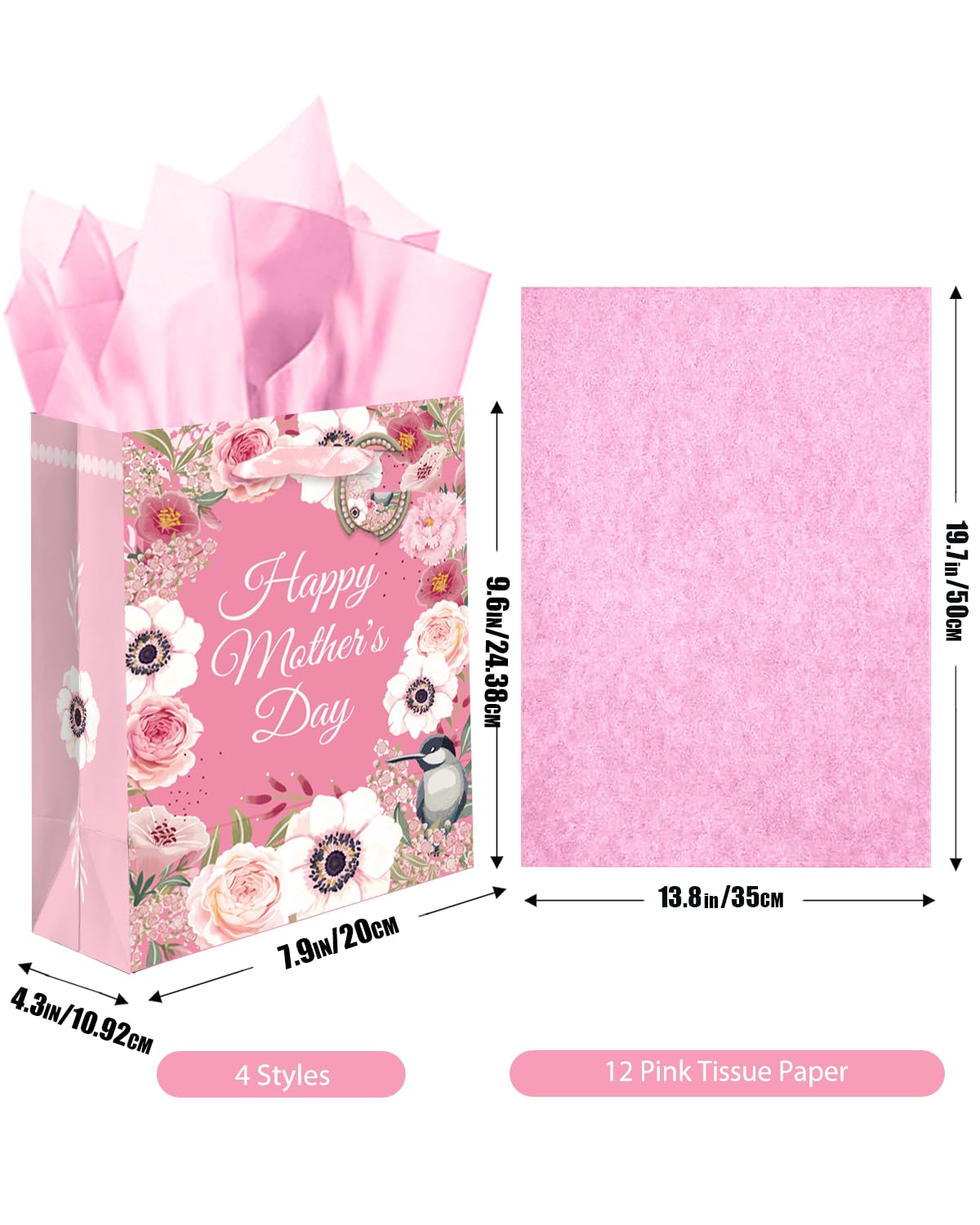 qiqee Mother's Day Gift Bags 4Pcs with Tissue Paper -7.9"x4.3"x9.6" Medium Size Cardboard Gift Bags（4pcs Bags +8pcs Tissue Paper ）