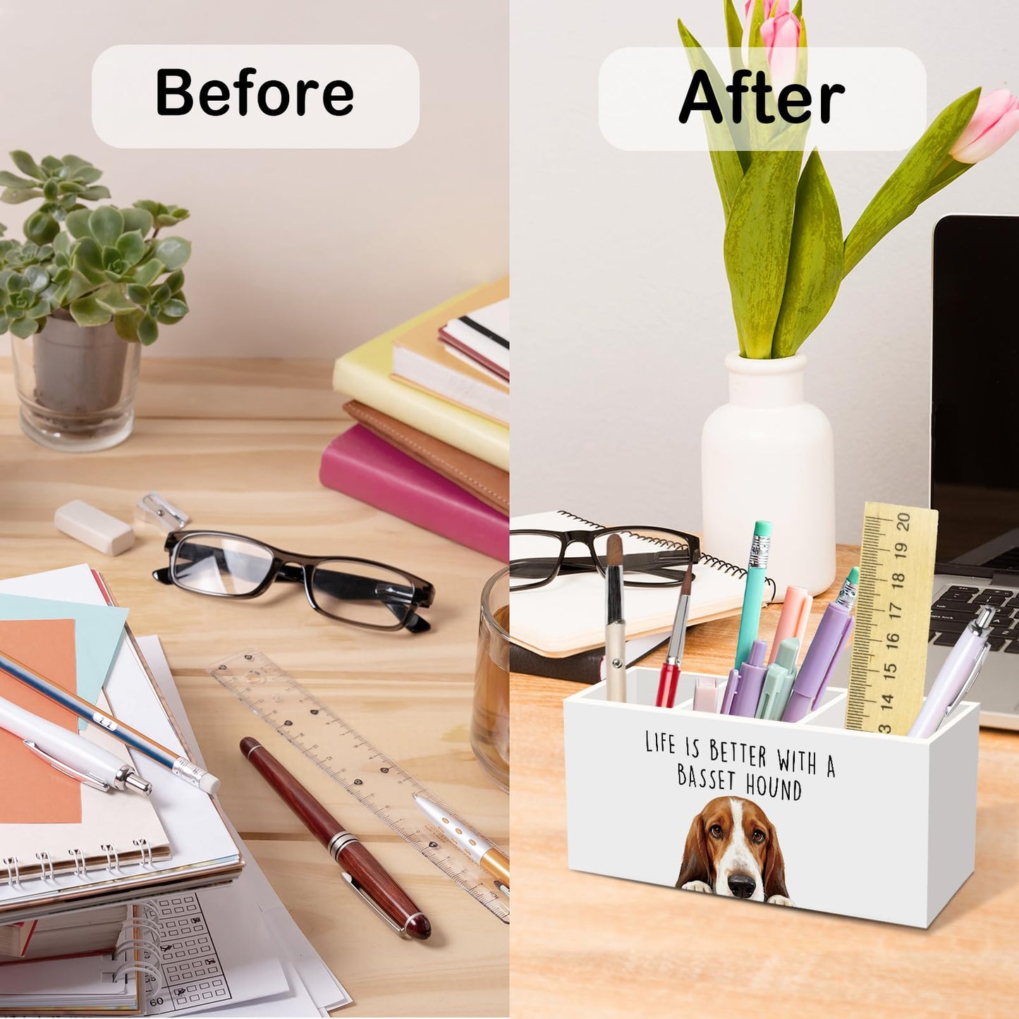 Basset Hound Dog Gifts Pen Pencil Holder for Desk, Funny Dog Lovers Gift Office Desk Accessories, Life Is Better with a Basset Hound Pen Holders Organizer for Women Kitchen Bathroom Decor