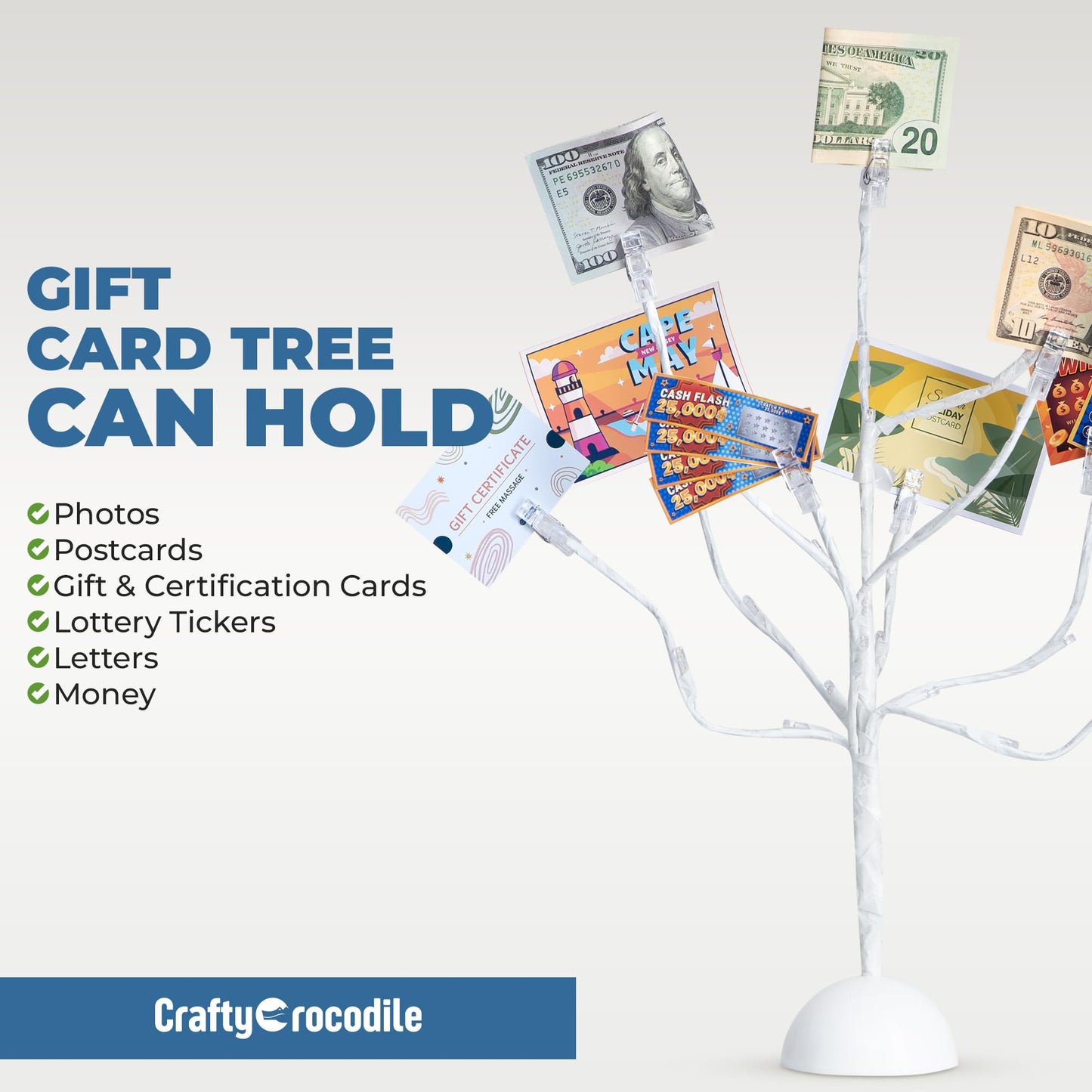 CraftyCrocodile LED Gift Card Tree Holder - Metal Display Stand with 10 Flexible Clips for Photos, Money, Lottery Tickets, Cards & Notes - 25 Warm Lights