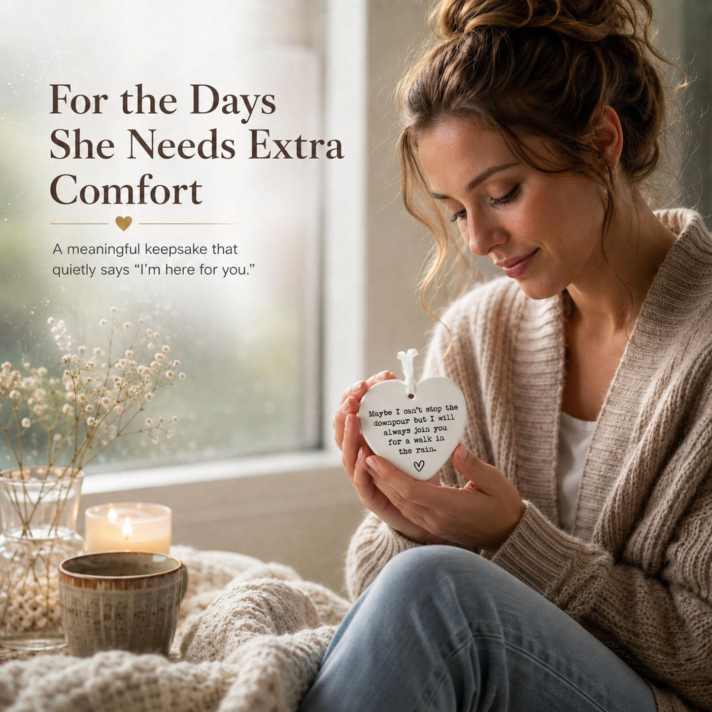 Friendship Gifts for Women, Ceramic Heart Keepsake Ornament “Maybe I Can’t Stop the Downpour” Encouragement Keepsake for Best Friend, Sister, Tough Times Support with Gift Box, 3 Inch