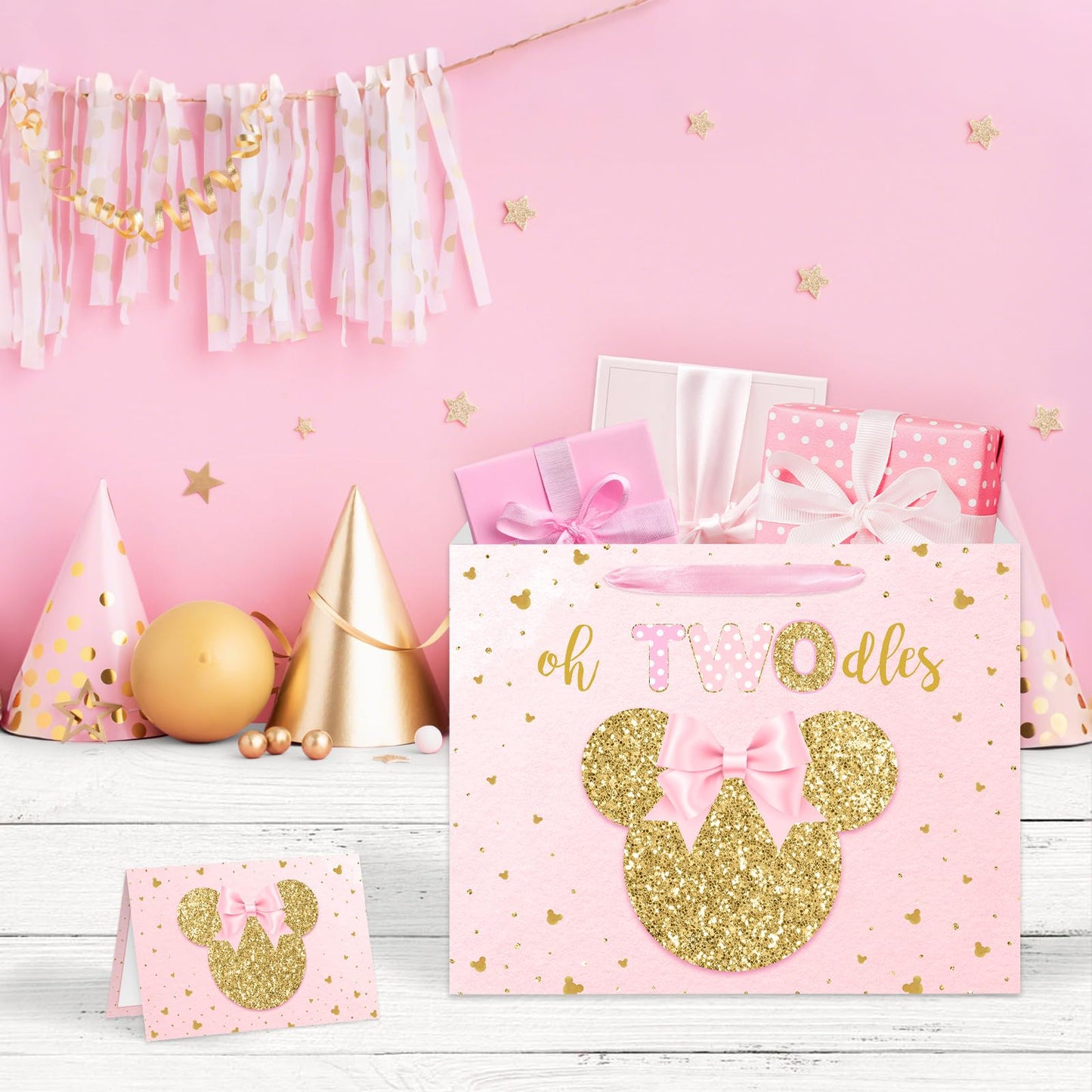 13" Large Oh Twodles Birthday Gift Bag with Tissue Paper and Greeting Card Glitter Pink Gold Wrapping Paper Bags Cartoon Mouse Happy 2nd Birthday Party Favor Bags for Girls 13"L x 10.2"H x 4.9"W