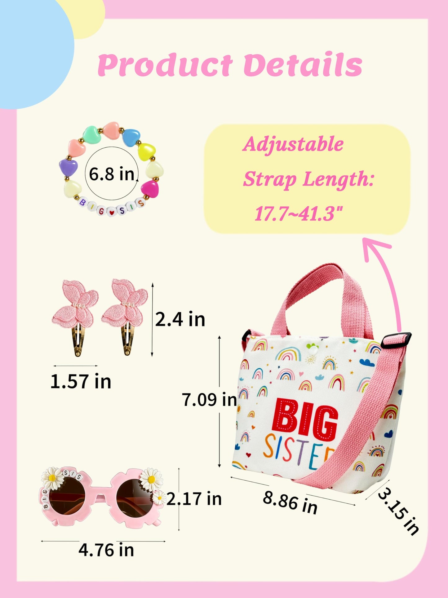 Big Sister Gift Set for Girls - Canvas Tote Bag, Bracelet, Sunglasses, Butterfly Hair Clips - Road Trip & Family Travel Essentials - Sibling Announcement - 6PCS