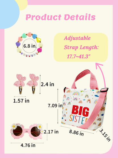 Big Sister Gift Set for Girls - Canvas Tote Bag, Bracelet, Sunglasses, Butterfly Hair Clips - Road Trip & Family Travel Essentials - Sibling Announcement - 6PCS