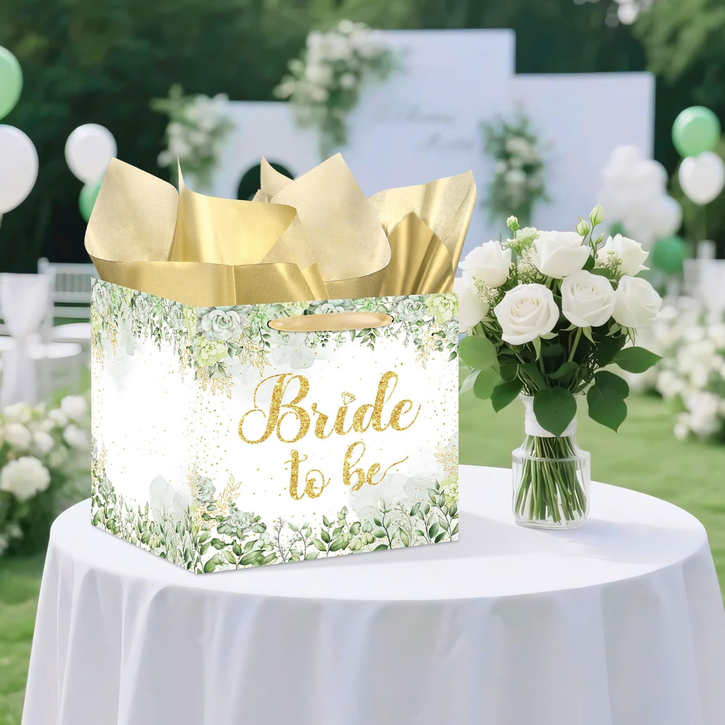 Woosytoo Large Bridal Shower Square Gift Bags Sage Green Bride Gift Bag with Tissue Paper Bridal Wrapping Paper Bachelorette Engagement Wedding Shower Favor Bag for Bride to Be Party Decoration