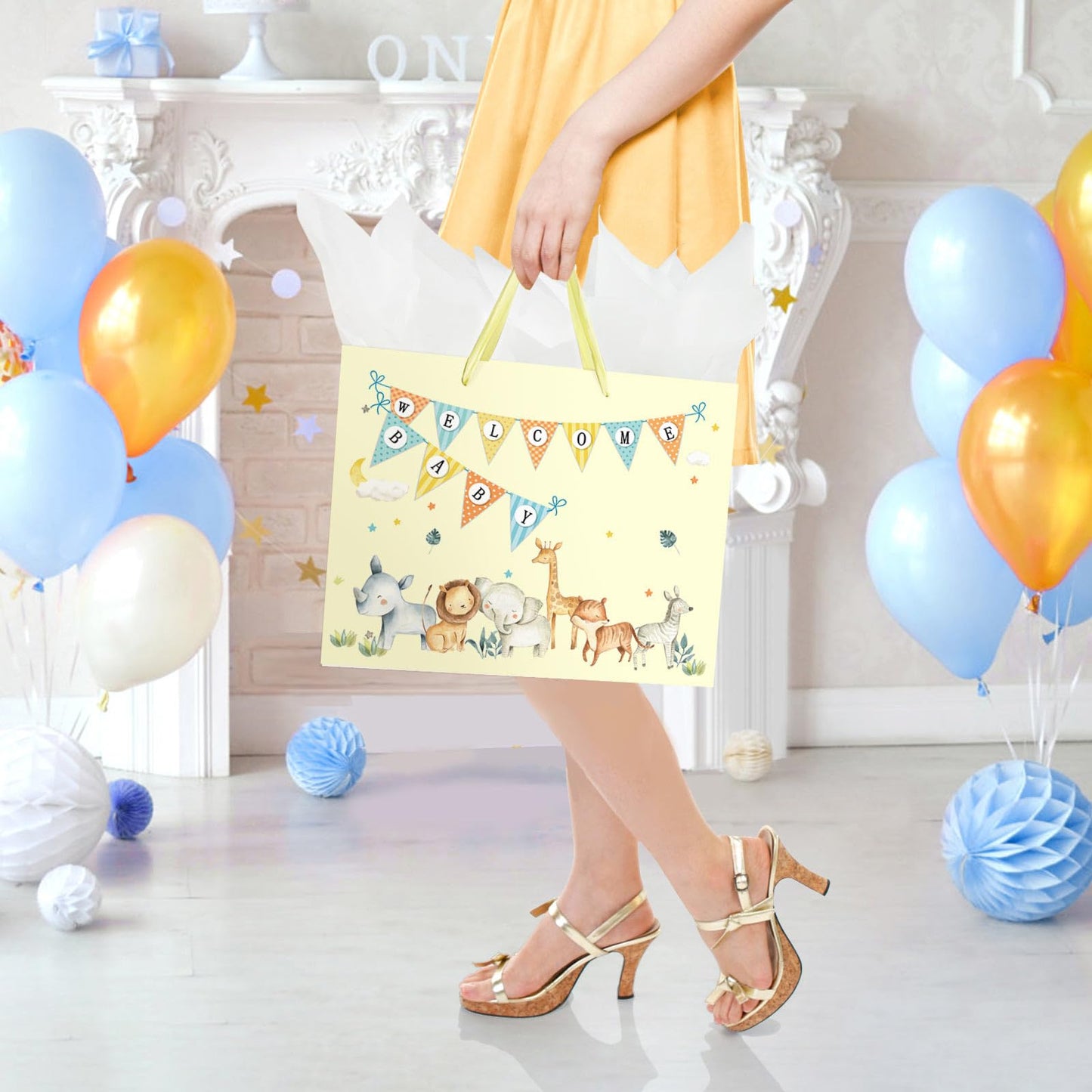 Laidans 13" Large Baby Boy Girl Gift Bag for Baby Shower with Tissue Paper and Greeting Card (Yellow)