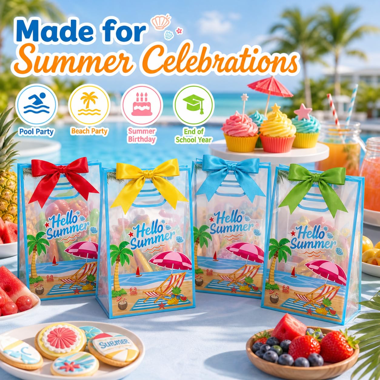 28Pcs Hello Summer Clear Gift Bags, Clear Beach Bag with Handles Ribbon Bows, Pool Party Favor Bag Hawaiian Goodie Candy Snack Treat Bag for End of School Year Summer Birthday Pool Beach Party Supply