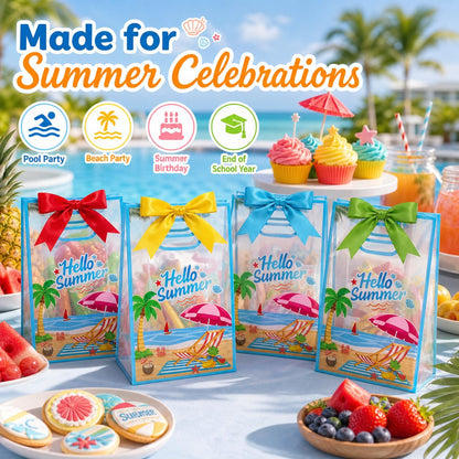 28Pcs Hello Summer Clear Gift Bags, Clear Beach Bag with Handles Ribbon Bows, Pool Party Favor Bag Hawaiian Goodie Candy Snack Treat Bag for End of School Year Summer Birthday Pool Beach Party Supply