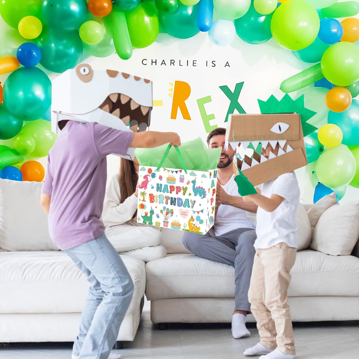 Hooqict Large Dinosaur Gift Bag Happy Birthday Gift Bag with Handles, Wrapping Tissue Paper and Greeting Cards for Kids Boys 1st 2nd 3rd Dinosaur Birthday Party Supplies Baby Showers