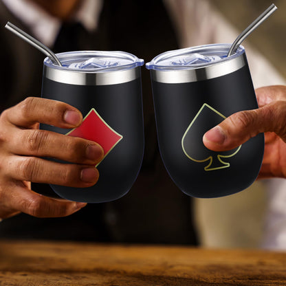 4 Pcs Casino Party Cups Pokers Glasses Stainless Steel Wine Tumblers with Lid and Straw 12 oz Casino Theme Party Decorations Poker Gifts Favors Set for Grad Birthday Game Night(Poker)