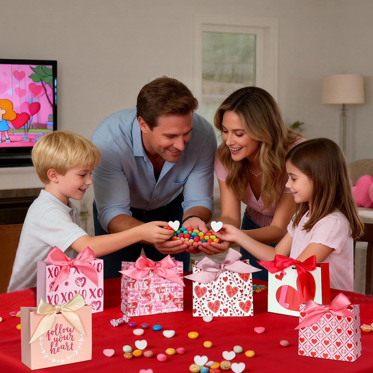 Nimbbex 24 Pack Small Valentines Gift Bags with Bow Ribbons, 4.5" X 1.8" X 3.9" Love Heart Valentines Bags, Mini Valentines Bags for Weddings, Holidays, Classroom, Valentine's Day Gift Giving