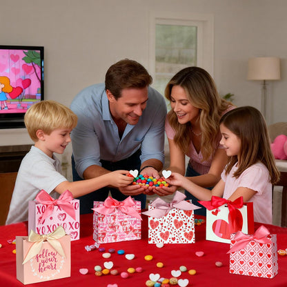 Nimbbex 24 Pack Small Valentines Gift Bags with Bow Ribbons, 4.5" X 1.8" X 3.9" Love Heart Valentines Bags, Mini Valentines Bags for Weddings, Holidays, Classroom, Valentine's Day Gift Giving