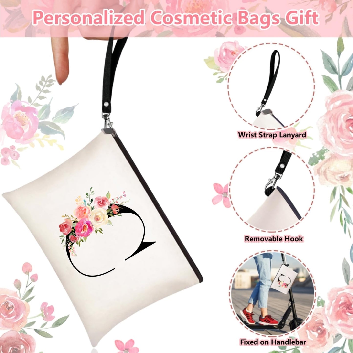 Initial Canvas Tote Bag for Women, Personalized Monogrammed Tote Bags with Makeup Gift Bag for Wedding Bridesmaids Birthday