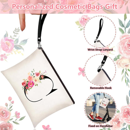 Initial Canvas Tote Bag for Women, Personalized Monogrammed Tote Bags with Makeup Gift Bag for Wedding Bridesmaids Birthday