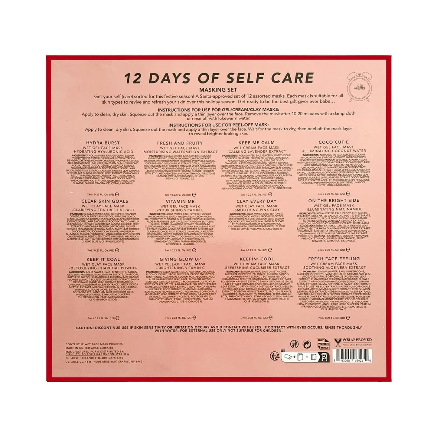 Holler And Glow 12 Days of Self Care Facial Mask Set, Valentine's, Hydrating Hyaluronic Acid, Moisturizing, Calming, Illuminating, Smoothing, Detoxifying, Brightening Vitamin C, 12 Piece Gift Set