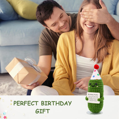 Birthday Pickle with Stand. Emotional Support Crochet Gift. Happy Birthday Gifts for Women, for Her. Present for Mom. Funny Gag Gift for Friends.