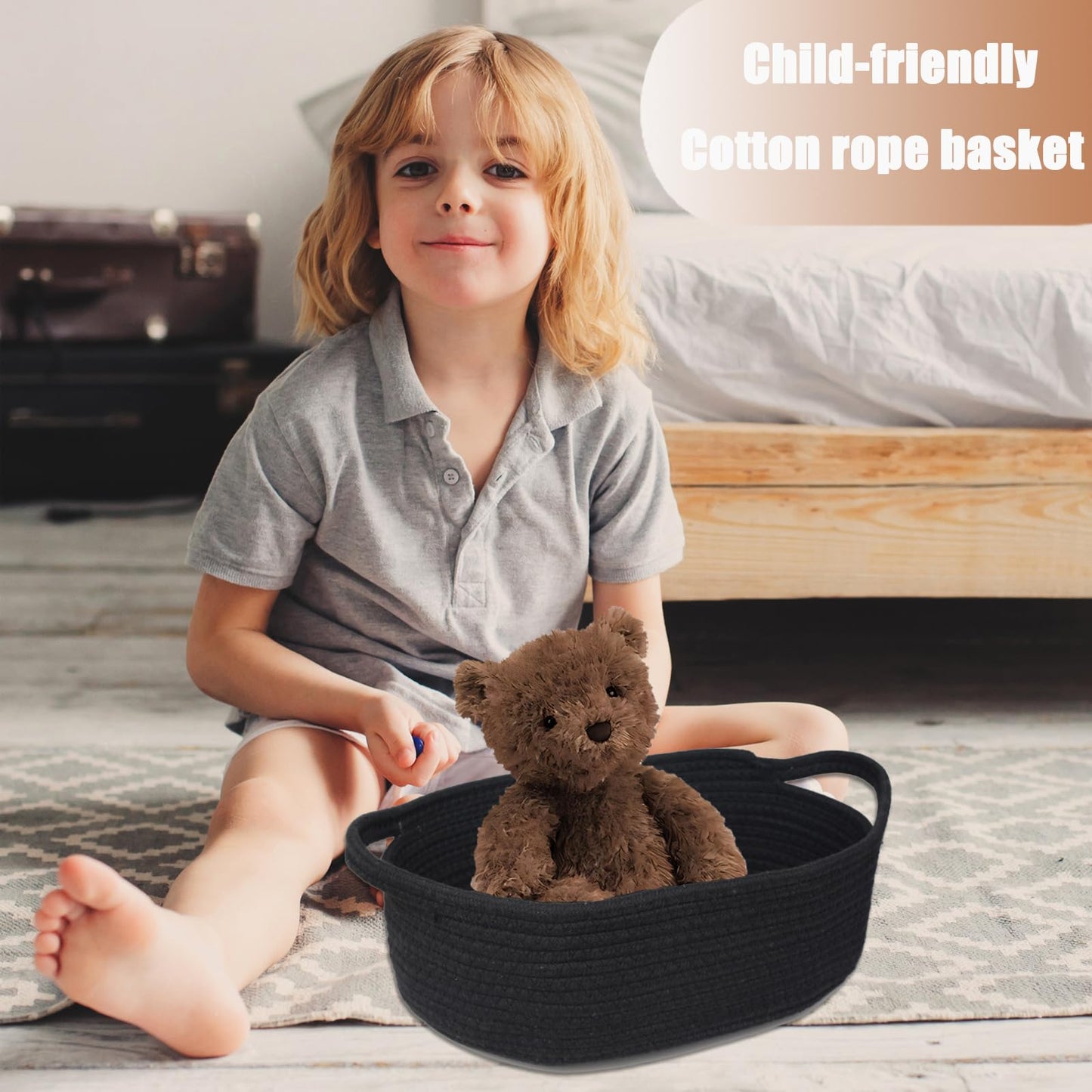 Poschnor Gift Basket Empty, Small Woven Rope Basket, Toy Storage Basket for Baby and Pet, with Gift Bags and Ribbons, 12"X 8" X 5", Black