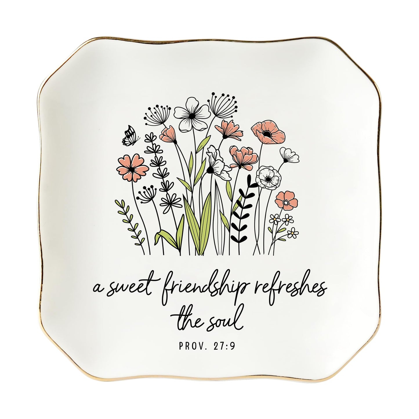 HEXMOZ Friendship Gifts for Women, Best Friend - Friend Birthday Ideas Gift, Soul Sister Gift for Women Christian - Sweet Friendship 4.5"X4.5" Floral Ceramic Jewelry Dish Tray - Tricket Dish