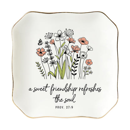 HEXMOZ Friendship Gifts for Women, Best Friend - Friend Birthday Ideas Gift, Soul Sister Gift for Women Christian - Sweet Friendship 4.5"X4.5" Floral Ceramic Jewelry Dish Tray - Tricket Dish