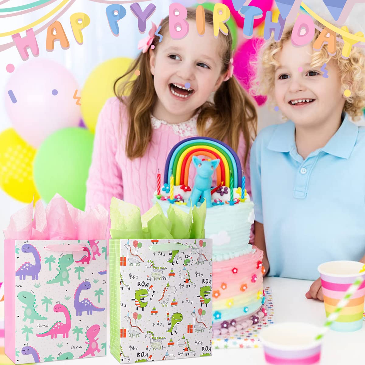Vammy 13" Large Gift Bag with Tissue Paper, 2 Pack Dinosaur Gift Bags for Birthday Party baby shower (Dinosaurs)