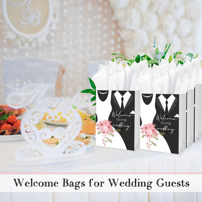Sinload 50 Sets Wedding Welcome Bags with 50 Sheets Tissue Paper Mr. and Mrs. Welcome to Our Wedding Favor Bags Paper Bags with Handles Wedding Party Gift Bags Welcome Wedding Bags for Hotel Guests