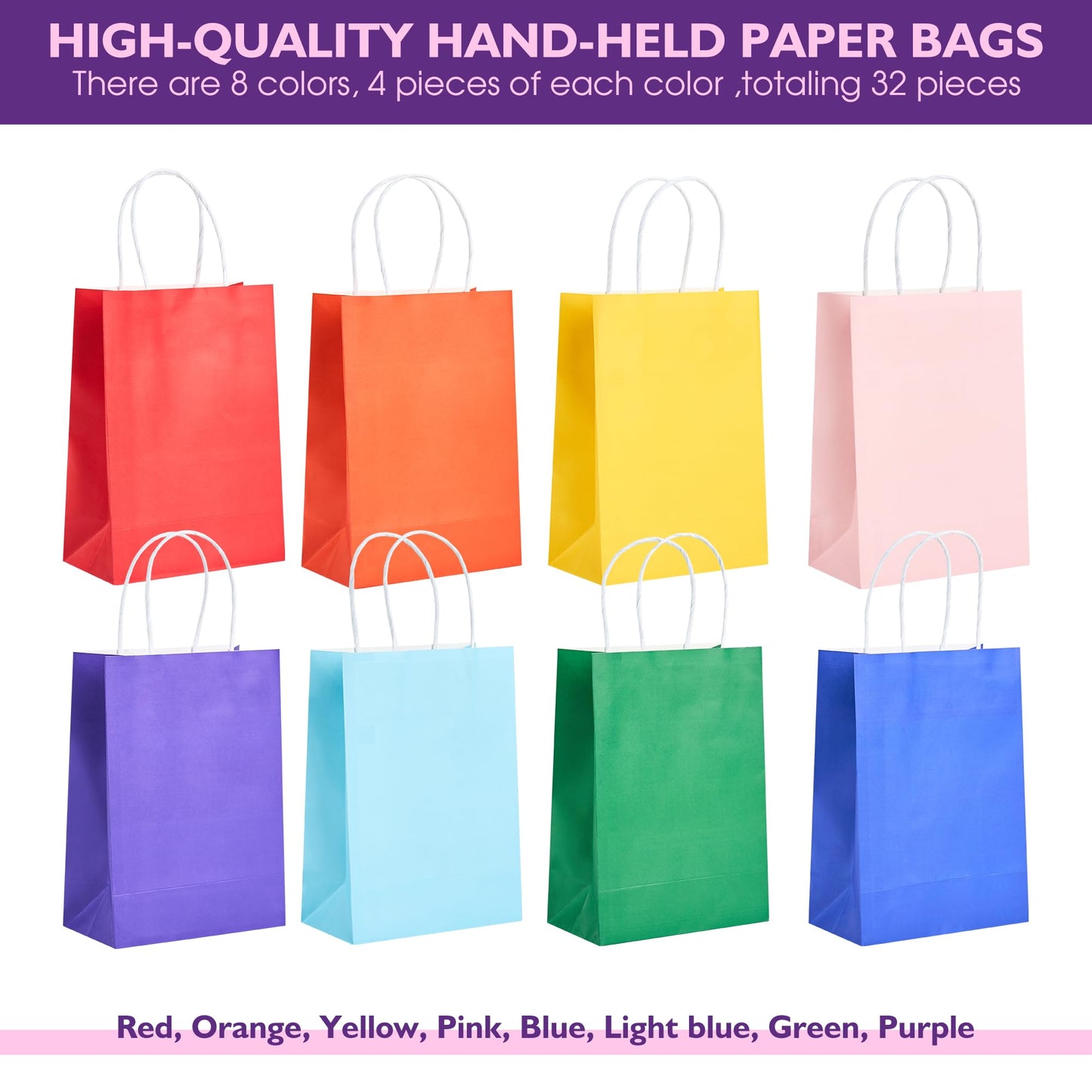 32 Pack Paper Gift Bags with Handles, 5.8"×3.2"×8.25" Party Favor Bags, Gift Bags, Small Gift Bags with Handles, Party Bags, Small Goodie Bags Bulk for Birthday, Crafts, Wedding, Party Supplies (8 Colors)