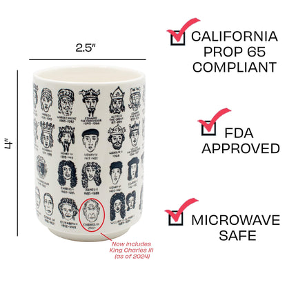 The Unemployed Philosophers Guild It's Hard to Get a Handle on English Monarchs - Porcelain Tea Cup Imprinted with Kings and Queens of England, Comes in a Fun Box, 9 oz