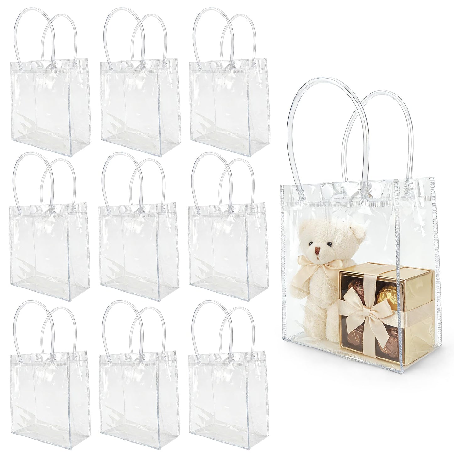 10 PCS Clear Gift Bags with Handles(2.7x5.1x5.9 Inch) Reusable Transparent PVC Tote Goodie Bags Bulk Wedding Brthday Holiday Party Favors Supplies Wrap Basket Stuffers Goody Pouch Baggies for Presents