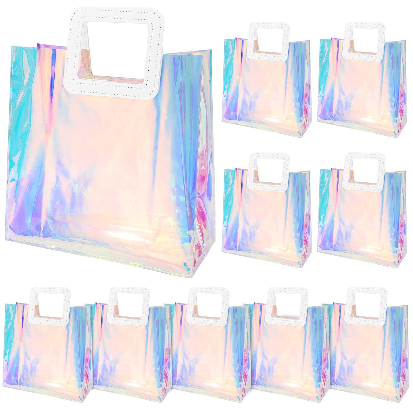Whaline 10 Pcs Clear Holographic Small Gift Bags 7.9 x 7.9 x 4 Inch Iridescent Reusable Tote PVC Handbags Waterproof Gift Wrap Shopping Bags for Holiday Wedding Birthday Baby Shower Party Supplies