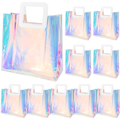 Whaline 10 Pcs Clear Holographic Small Gift Bags 7.9 x 7.9 x 4 Inch Iridescent Reusable Tote PVC Handbags Waterproof Gift Wrap Shopping Bags for Holiday Wedding Birthday Baby Shower Party Supplies
