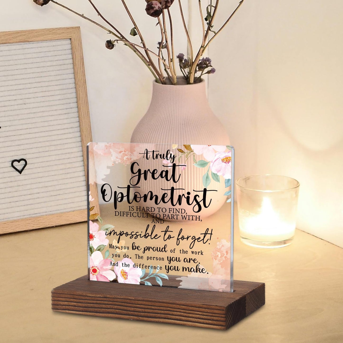 Optometrist Appreciation Gift, Floral Acrylic Desk Sign with Inspirational Thank You Quote, Rustic Wood Base Decor for Eye Doctor Graduation, Retirement or Office Display KAC205
