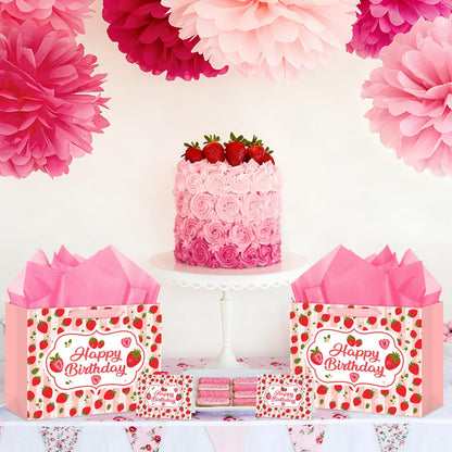 Hooqict Large Strawberry Birthday Gift Bag Pink Happy Birthday Gift Wrapping Bag with Handles, Tissue Paper, Greeting Card for Girls Kids Women Sweet Strawberry Party Decorations Supplies