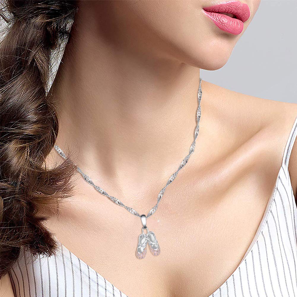 925 Sterling Silver Dance Recital Gifts for Girls Ballerina Necklace Jewelry Cubic Zirconia Ballet Slippers Shoes Necklace for Women Teen Little Girl & Dancer 18"