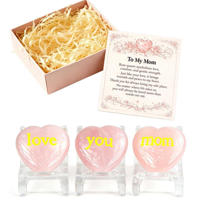LIMGUVK Gift for Mom from Daughter Son, Engraved Rose Quartz Heart Crystal Gift Set, To My Mom Sentimental Keepsake, Love You Mom Birthday Thank You Appreciation and Just Because (Gold)