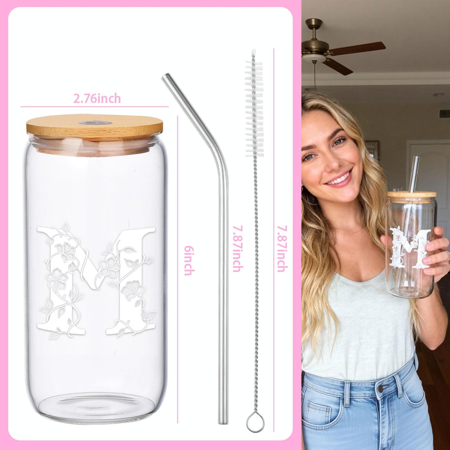 Personalized Gifts for Women, Monogrammed Glass Cups with Lids and Straws, Customized Gifts for Women, Cute Design Initial Iced Coffee glasses, Custom Letter Mug, Birthday Bridesmaid, E