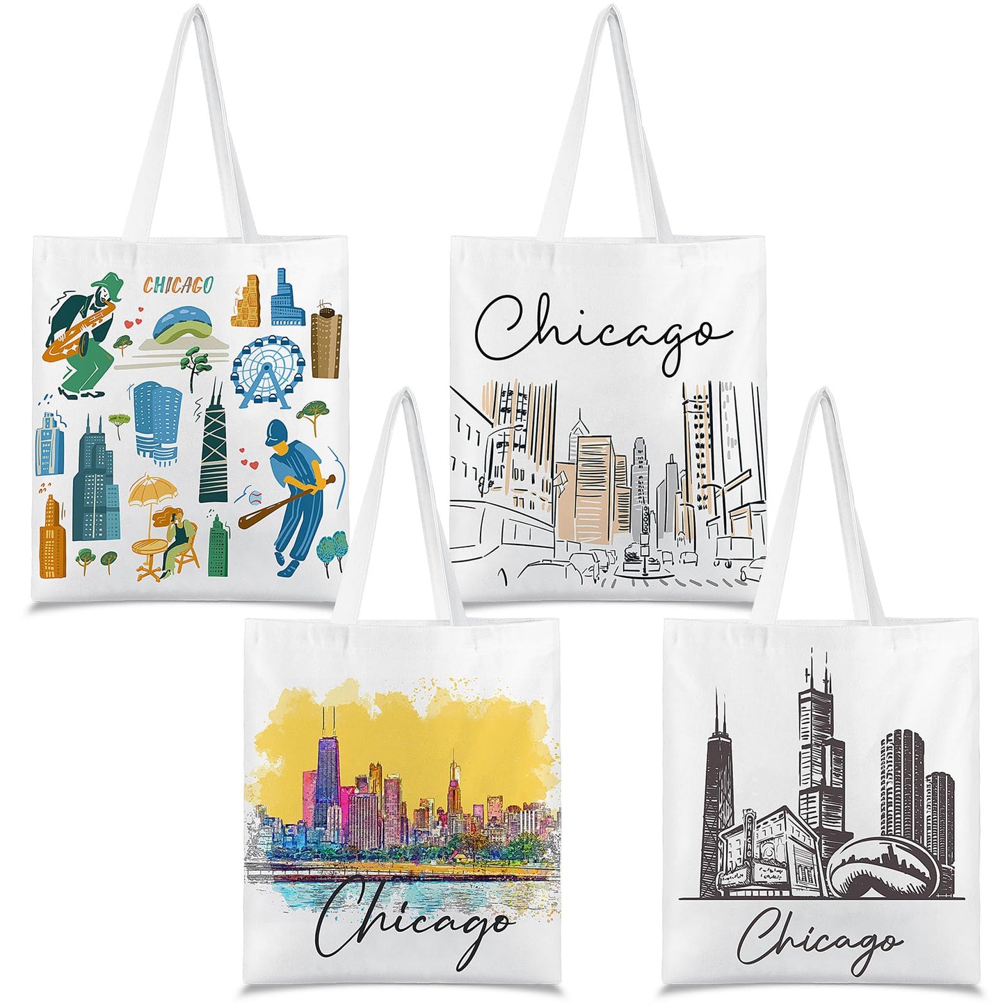 Paterr 4 Pcs City Souvenir Tote Bag-New York Chicago Seattle Los Angeles Boston San Francisco Paris Italy Las Vegas Nashville