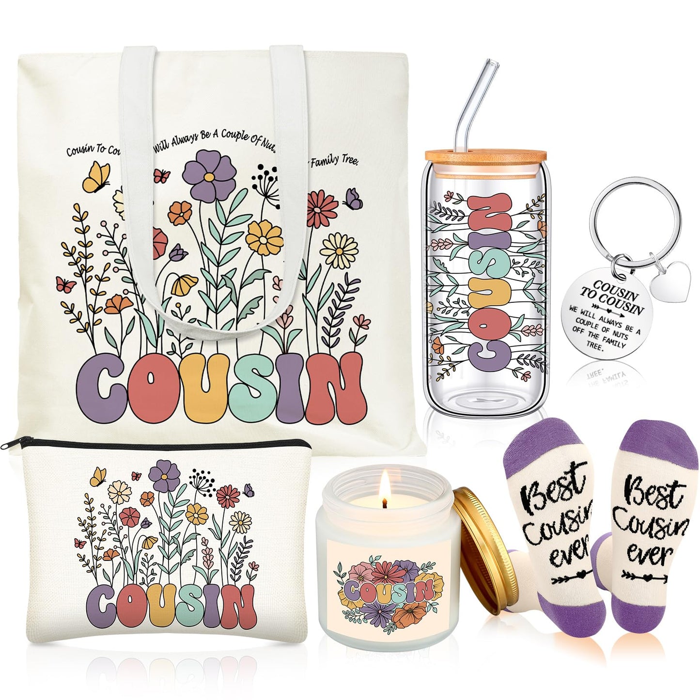 Funnymoom 6 Pcs Cousin Gifts for Women Cousin Birthday Gift Set with 17 oz Glass Cup Canvas Tote Makeup Bag Thanksgiving Valentines Mothers Day Appreciation Gift from Friends Parents