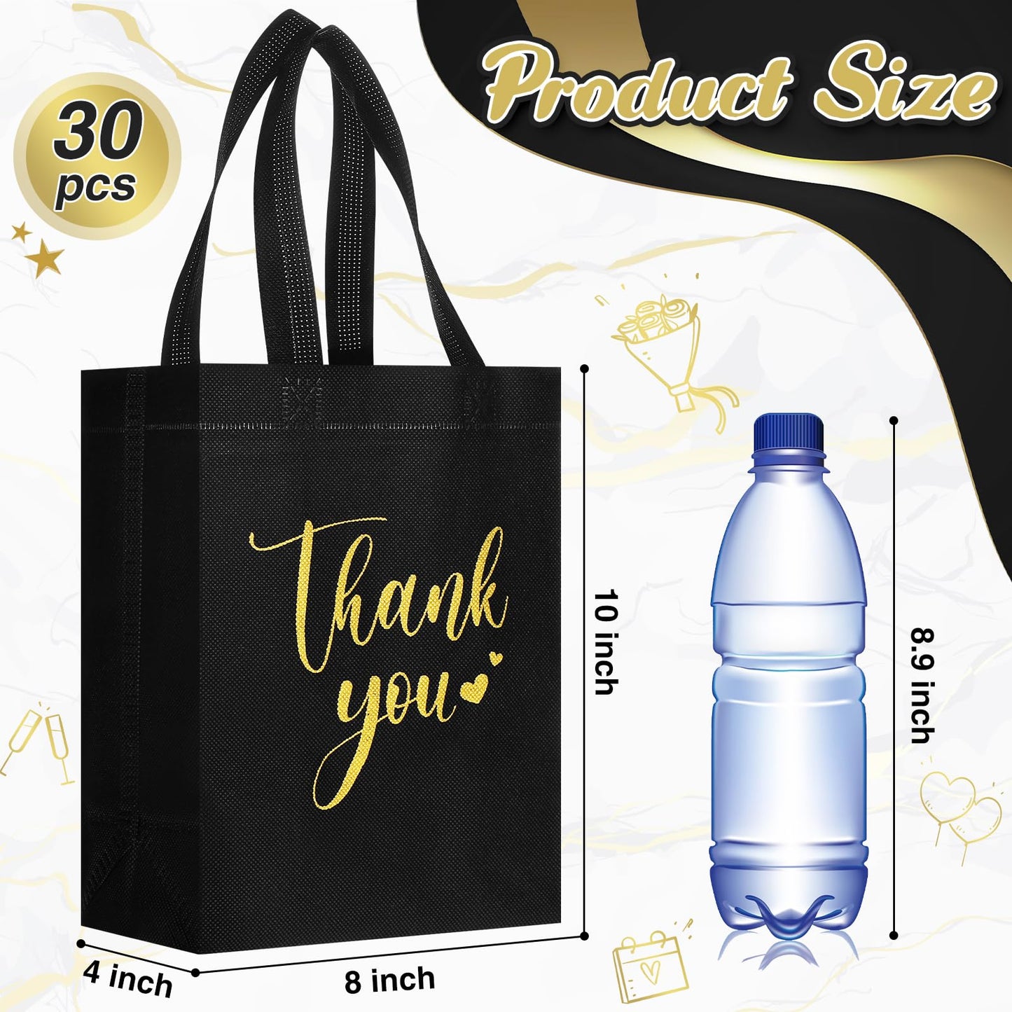 Sweetude 30 Pcs Thank You Gift Bags with Handles, Reusable Non Woven Foldable Goodie Bags Bulk for Graduation Teacher Appreciation Wedding Bridesmaid Favors(10 x 8 x 4 Inch,Black)