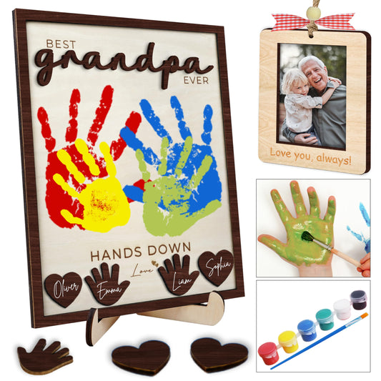 10" Hands Down Best Grandpa Ever DIY Handprint Kids Gifts Frame with Paints, Grandpa Crafts from Grandkids Family Keepsake Plaque Birthday Gift Father's Day for Pops, Papa HF610