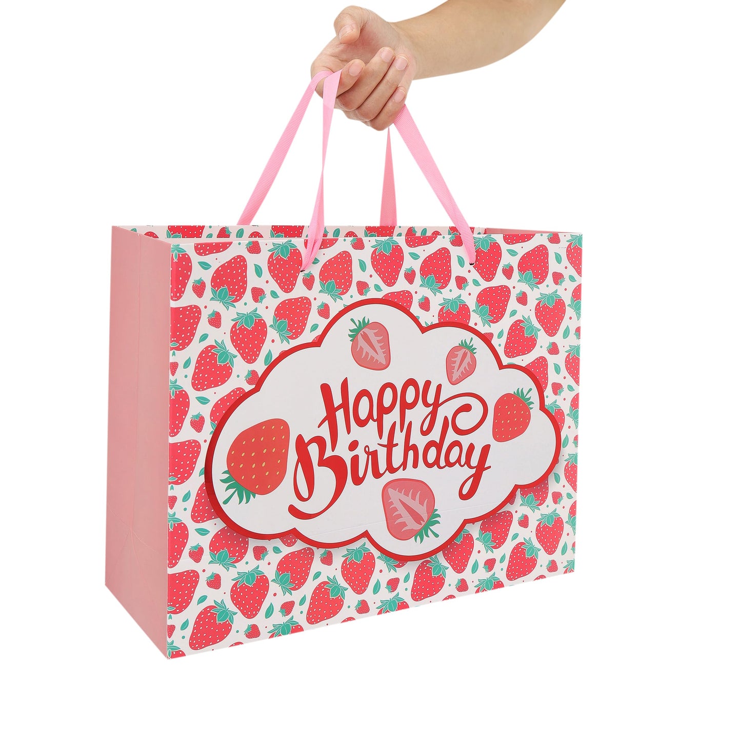 wishinside 13” Large Strawberry Happy Birthday Gift Bag Set with Handles, Greeting Card, Tissue Papers and Stickers for Girls Kids Teens Women, Cute Fruit Themed Birthday Design, 1 Pcs