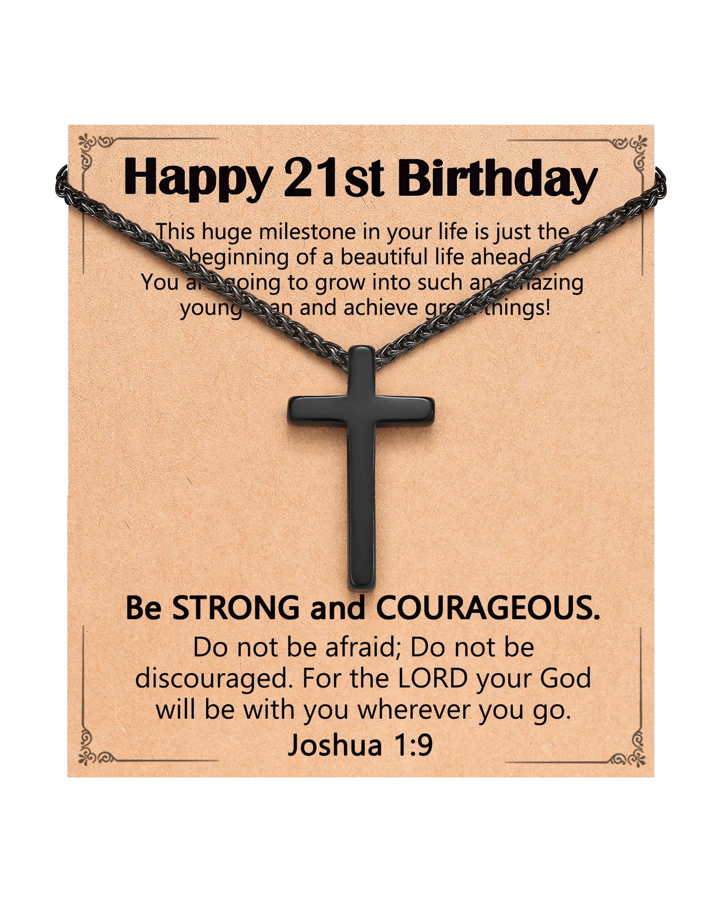 Birthday Gift Black Cross Necklace for Boys 8–21 Years Old with Joshua 1:9 Bible Verse