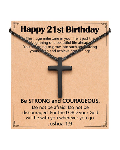 Birthday Gift Black Cross Necklace for Boys 8–21 Years Old with Joshua 1:9 Bible Verse