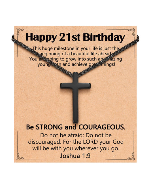 Birthday Gift Black Cross Necklace for Boys 8–21 Years Old with Joshua 1:9 Bible Verse